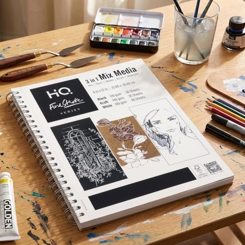 HQ Finestroke 3 in 1 Mix Media Sketchbook, 9 x 12 Inches Art Pad, Mixed Paper for Sketching, Drawing and Painting, Top Wiro Binding, 30 Sheet