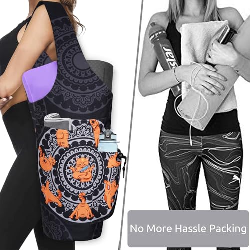 Yoga Mat Bag - Large Opening Long Tote Yoga Mat Carrier Holder Bag with Waterproof Wet Zipper Pocket and Drawstring Water Bottle Pocket - Yoga Bag Fit Most Size Mats - color: Cat Yoga Black