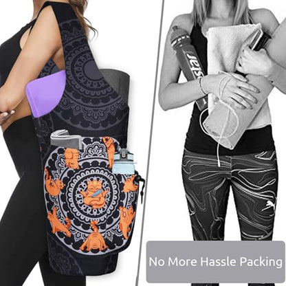 Yoga Mat Bag - Large Opening Long Tote Yoga Mat Carrier Holder Bag with Waterproof Wet Zipper Pocket and Drawstring Water Bottle Pocket - Yoga Bag Fit Most Size Mats - color: Cat Yoga Black