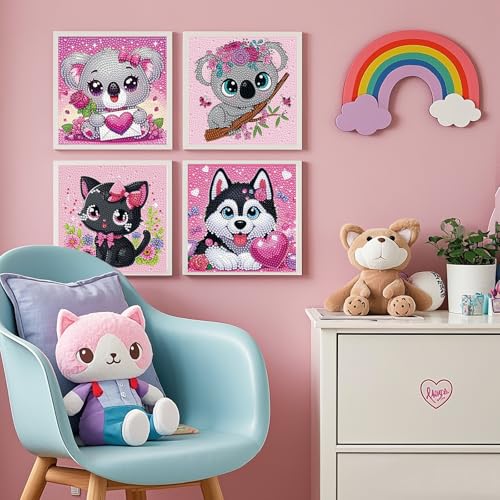 PERFECTSIGHT Cute 5D Diamond Art Kits, Kawaii DIY Painting Art for Adults Teen, 4 Pack Diamond Arts and Crafts Sets, Big Gem Full Drill Diamond Dots for Women (Pink Animal) - style: Pink Animal