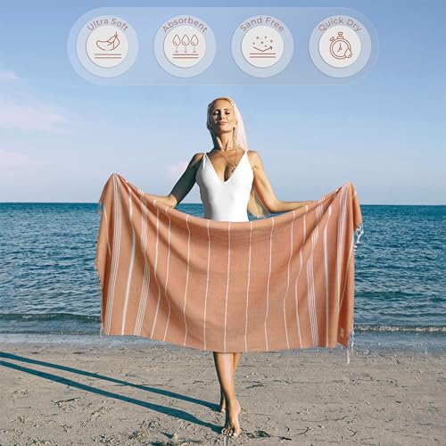 Ossano Turkish Beach Towel Quick Dry & Lightweight Extra Large (39" x 71") - Decorative, Versatile and Functional as Yoga Mat, Picnic Blanket, Travel Blanket, Gym, Camping and Bath Towels - Salmon - color: Salmon