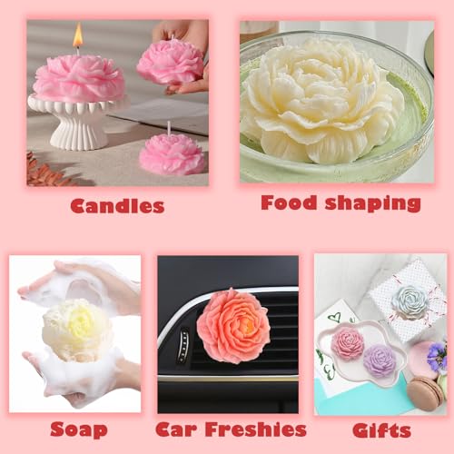 3 Pack Peony Silicone Candle Mold Flower Mold Resin Casting Molds with Large-Eye Wicking Needle,Candlewick for DIY Scented Candle, Soy Wax, Cake, Soap,Craft Making - color: 3PCS-Peony