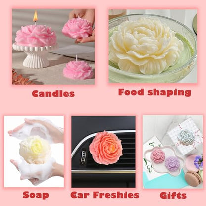 6 Pack Peony Flower Silicone Soap Molds with Large-Eye Wicking Needle,Candlewick,Moldes para Velas, Flower Molds Silicone Candle Molds for DIY Scented Candle, Soy Wax, Cake, Soap,Casting Craft Mould - color: 6PCS-Peony