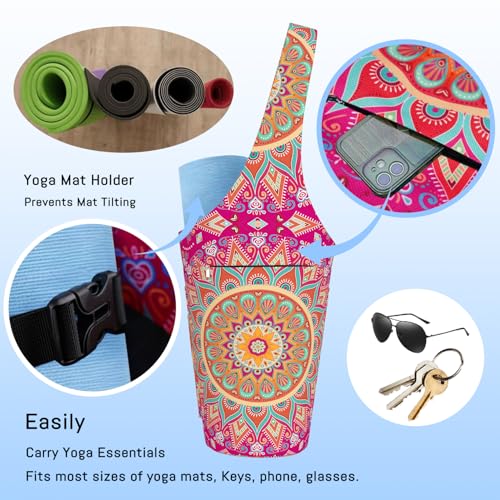 Mandala Yoga Mat Bag with Large Waterproof Zipper Pocket and Drawstring Pocket Long Tote Yoga Mat Carrier Holder Bags Fit Most Size Mats - color: Pink