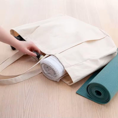 Yoga Canvas Tote Bag, Large Capacity, Sturdy Multifunctional, Shoulder Bag with Mat Carrier, Pockets - color: White