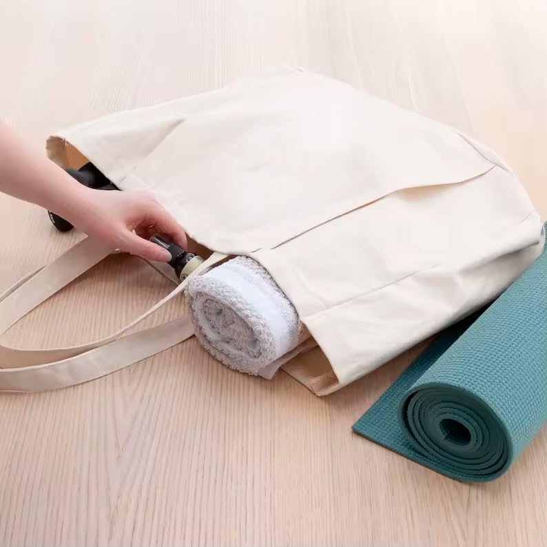 Yoga Canvas Tote Bag, Large Capacity, Sturdy Multifunctional, Shoulder Bag with Mat Carrier, Pockets - color: White