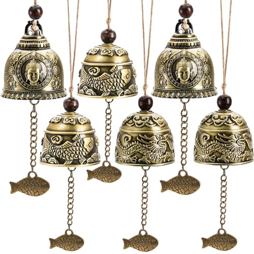 Peohud 6 Pieces Vintage Chinese Dragon Bell, Lucky Blessing Wind Chimes, Good Luck Fish Buddha Hanging Bell for Home Garden Patio Car Door Chime or Decor