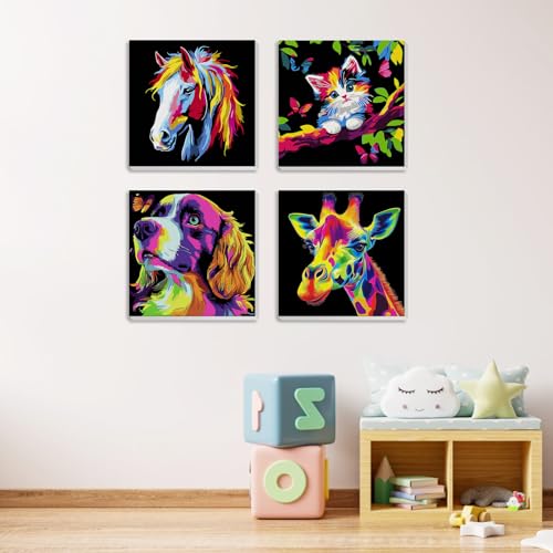 MXJSUA 4 Pack Framed Cute Animals Paint by Numbers for Kids Ages 6-12, Cat Dog Horse Giraffe Paint by Number Kits for Children Beginner, Acrylic Oil Painting for Home Wall Decor (8x8inch) - color: Animal-E