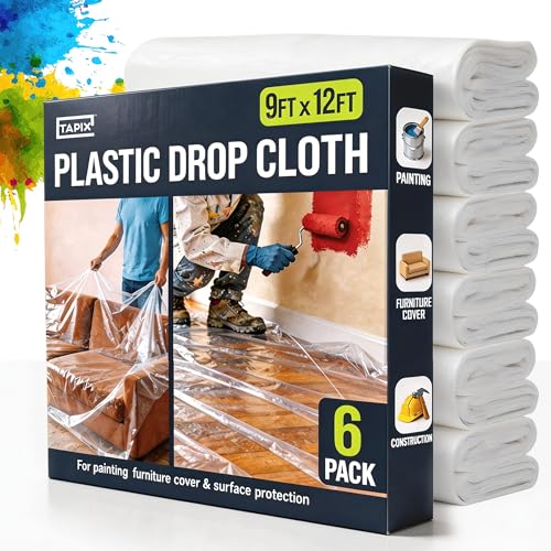 12 x 9 Ft Drop Cloths (6-Pack) – Plastic Sheeting & Painters Plastic Tarps for Painting, Waterproof Floor & Furniture Protection - size: 6 Pack