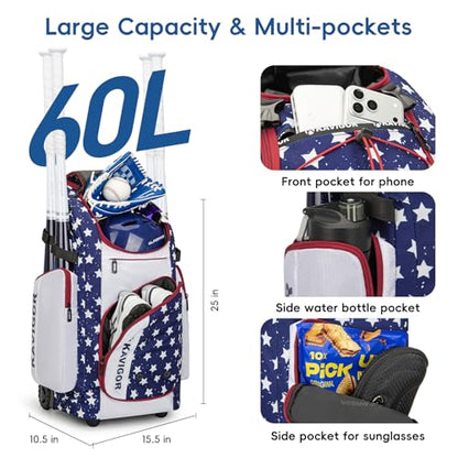 KAVIGOR Rolling Baseball Bag with Wheels, 60L Capacity Softball Bag Holds 4 Bats for Boys and Girls, Youth Equipment Bag with Shoe Compartment - color: Red White & Blue