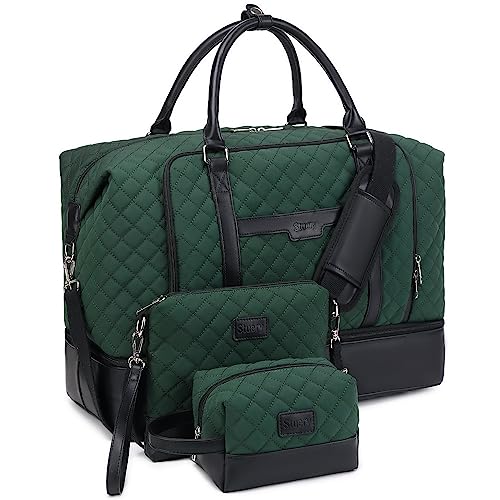 Weekender Bag, Large Travel Duffel Bag for Women, Carry on Overnight Bag with Shoe Compartment and Toiletry Bags - color: B-Dark-Green