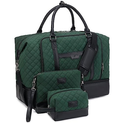 Weekender Bag, Large Travel Duffel Bag for Women, Carry on Overnight Bag with Shoe Compartment and Toiletry Bags - color: B-Dark-Green