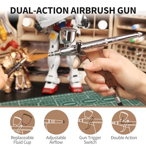 Airbrush Guns for Painting, Double Action Trigger Airbrush Kit with 0.3mm/0.5mm/0.8mm Needles/Nozzle Sets, Replaceable Fluid Cup, Airbrush Spray Set for Painting Nails Cake Tattoo - color: W001-Walnut