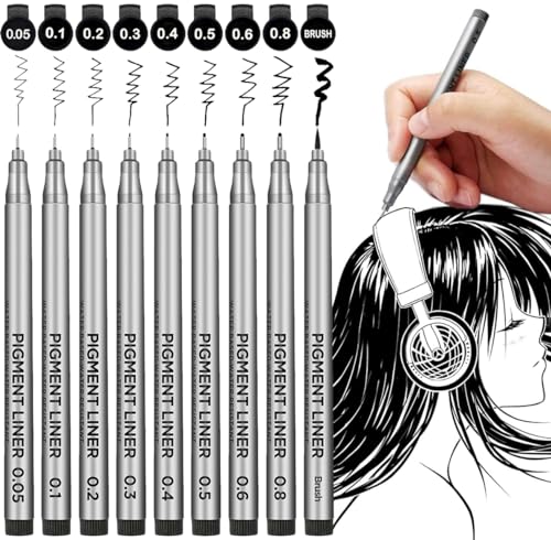YUANCHENG Precision Micro-Line Pens, Set of 9 Black Micron Fineliner Ink Pens, Waterproof Archival Ink, Multiliner, Sketching, Anime, Artist Illustration, Technical Drawing，Art Watercolor