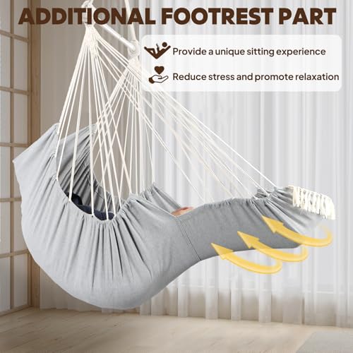 Chihee Hammock Chair Foot Rest 2 Cushions Max 485 lbs Metal Spreader Bar | Robust Hanging Chair Soft Cotton Blended Swing Collapsible Easy Storage Strong Strap Iron Carabiner Pocket Indoor Outdoor - color: Light Grey