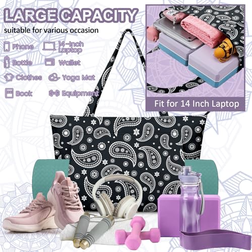 Yoga Bag for Women, Large Canvas Yoga Mat Tote Bag with Yoga Mat Carrier | Large Mat Pocket Fitness Tote for Pilates, Gym, Travel, Office & Beach - color: Black Paisley