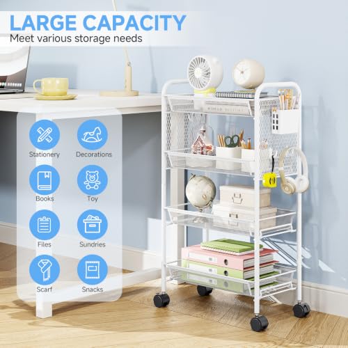 KINGRACK 4 Tier Rolling Cart, Metal Utility Storage Cart with Pegboard | Screwless Assembly, Lockable Wheels, 4 Hooks & 1 Bin, Mobile Organizer for Bathroom Kitchen Office Craft Room Laundry, White - color: White, size: 4-Tier