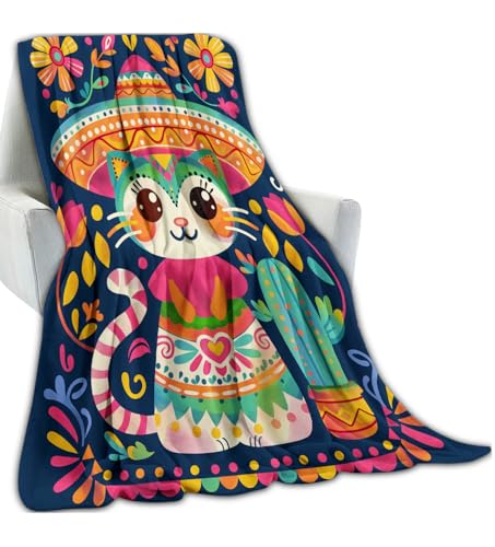 Mexican Traditional Attire Cat Blanket Gifts for Girls Kids Women, Exotic Flowers Potted Cactus Throw Blankets for Sofa Office Couch Room Decor, Cozy Lightweight Warm Soft Throws, 40x50 in - color: Cat 01, size: 50x40 in
