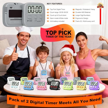 Antonki 2 Pack Digital Timer for Kids Classroom Kitchen Timers for Cooking | w/ Battery, Easy to View, Alarm, Mute Mode, Count Down/Up, Magnetic, Kickstand, Hanging, Classroom Timer for Teacher Supplies - color: Space Grey