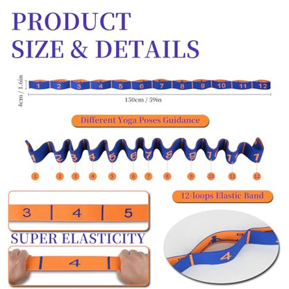 Elastic Yoga Stretching Strap with Loops, CEILIWEN Stretch Straps for Physical Therapy, Pilates Stretch Band, Elastic Exercise Bands, Leg Stretching Strap, Stretch Resistance Bands for Exercise