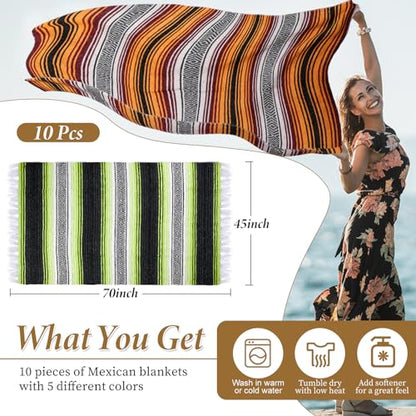 Preboun 10 Pieces Mexican Blanket Bulk Authentic Woven Yoga Blanket Large Picnic Camping Rug Colorful Striped Serape for Beach Outdoor Grass Car Home(Mixed Color)