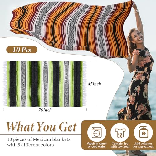 Preboun 10 Pieces Mexican Blanket Bulk Authentic Woven Yoga Blanket Large Picnic Camping Rug Colorful Striped Serape for Beach Outdoor Grass Car Home(Mixed Color)