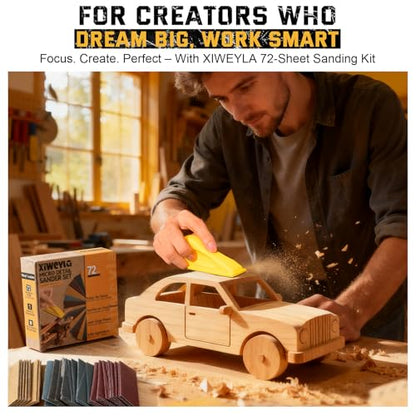 72PCS Premium Sandpaper Set with Ergonomic Hand Sander – Micro Sander & Detail Sander Sanding Sheets, 13 Grit Levels 80–3000, Color-Coded Sandpaper for Wood, Crafts, DIY & Furniture Projects