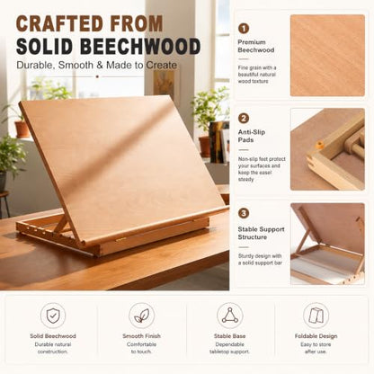 24.9"x17.3" Beechwood Tabletop Easel with Paint and Sketch Papers,Mask Tape | Extra Large Adjustable Art Easel Stand, Drawing Board for Painting, Sketching and Diamond Art - style: A2