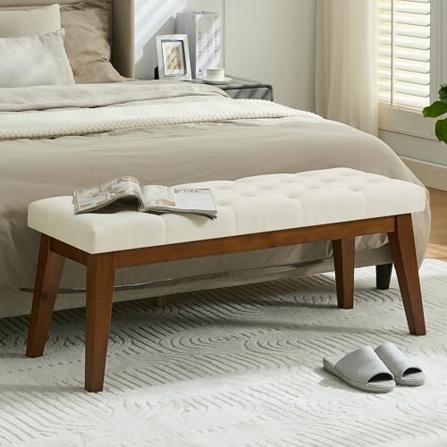 WUTUTUEE 43.5'' Linen Bedroom Bench, Upholstered End of Bed Bench with Tufted Button, Padded Vintage Dining Bench, Entryway Bench with Solid Wood Legs, Kitchen, Living Room, Hallway, Beige Tufted - color: Beige-linen-tufted