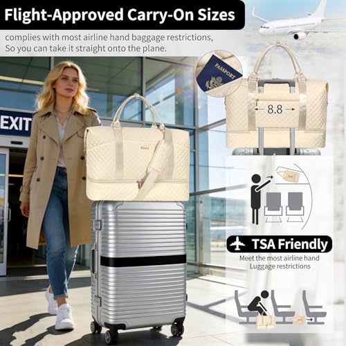 Weekender Bag, Large Travel Duffel Bag for Women, Carry on Overnight Bag with Shoe Compartment and Toiletry Bags - color: H-3PCS Beige White
