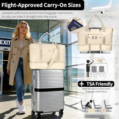 Weekender Bag, Large Travel Duffel Bag for Women, Carry on Overnight Bag with Shoe Compartment and Toiletry Bags - color: H-3PCS Beige White