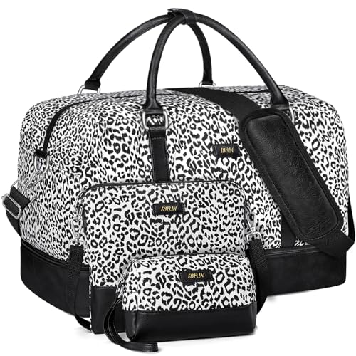 IBFUN Weekender Bags for Women, 21" Weekender Travel Bag, Travel Duffle Bag with Shoe Compartment Carry on Overnight Duffel Bag for Weekend Travel Business Trip, 3PCS - color: B2-Canvas-Leopard