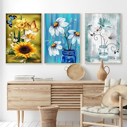 OFRKE Diamond Painting Kits for Adults,3 Pack Flower Diamond Art for Beginners, Diamond Round 5D Full Drill Paint with Diamonds Pictures Gem Art Painting Kits DIY Crafts Kits 12x16inch - color: 3pcs-Flower