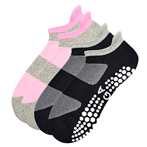 Busy Socks 2 Pack Women Ankle Non Slip Yoga Pilates Grip Socks with Cushion | Anti Skid Slipper Arch Support Socks for Barre Bikram Dance Trampoline Fitness Hospital Home Floor Walking Jogging Cardio - color: 2 Pairs Black/Pink