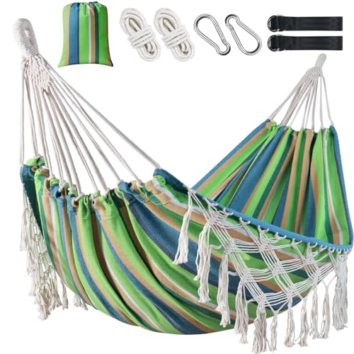 Portable Double Hammock, Hanging Hammock with Tassels 2 Person Patio Hammock for Backyard & Indoor Relaxation, Soft Breathable Fabric, Easy Setup with Straps & Carry Bag, 360 lbs Capacity - color: Green Stripe