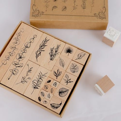 22 Pcs Plant Wooden Rubber Stamps Set, Wood Stamps for Journal, Diary, Scrapbook, Planner, Letter, DIY Craft, Card Making (Green Vitality) - color: Green Vitality