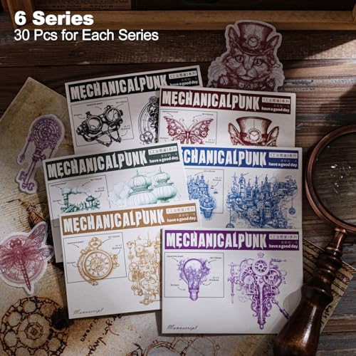 180 Pcs Steampunk Washi Stickers for Scrapbooking and Journaling | Retro mechanical designs with gears, clocks, top hats and airships for junk journals, collage, planners and card making - color: Industrial Punk