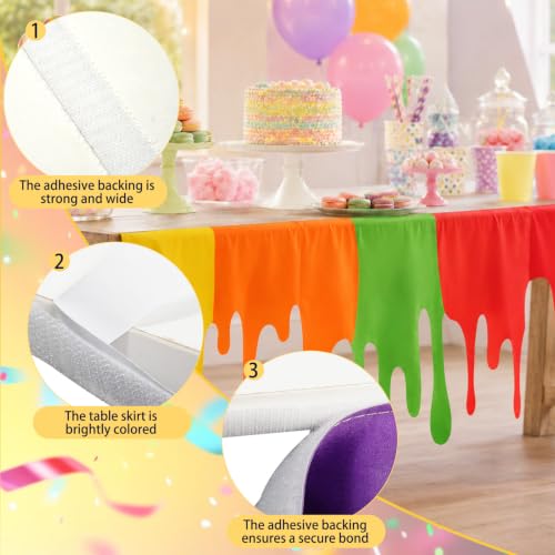 Rainbow Paint Drip Table Skirt 71×30in Polyester Neon Table Cloth with Adhesive Back,Teacher Desk Skirts for Teacher Desk,Art Classroom Decor,Back to School Kids Art Table Party Supplies