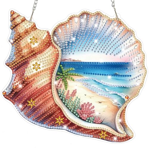 Summer Diamond Art Hanging Kits for Adults, Diamond Art Suncatchers Conch Shell, 5D Special Shape Diamond Painting Beach Pendant Window Ornament Gifts for Home Wall Door Garden Decor - color: Conch Shell, Beach, Summer，ocean
