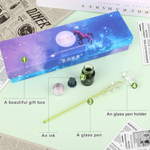 Luxiv Glass Dip Pen Set, Purple Crystal Pen With Ink, Holder, and Package - color: Green, style: Basic