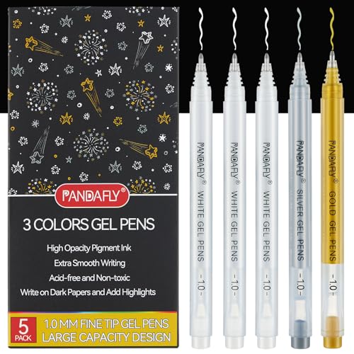 PANDAFLY Gold Silver White Gel Pens, 5-Pack, 1.0mm Fine Point | 3 Colors Archival Ink Pens for Highlights, Black Paper Drawing, Sketching, Illustration, Card Making, Bullet Journaling - color: Multicolor