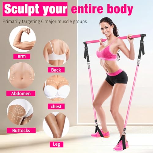 Bbtops Pilates Bar Kit with Resistance Bands,Pilates Bar with Stackable Bands Workout Equipment for Legs,Hip,Waist and Arm,Exercise Fitness Equipment for Women & Men Home Gym Yoga Pilates - color: Pink