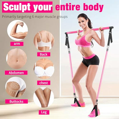 Bbtops Pilates Bar Kit with Resistance Bands,Pilates Bar with Stackable Bands Workout Equipment for Legs,Hip,Waist and Arm,Exercise Fitness Equipment for Women & Men Home Gym Yoga Pilates - color: Pink