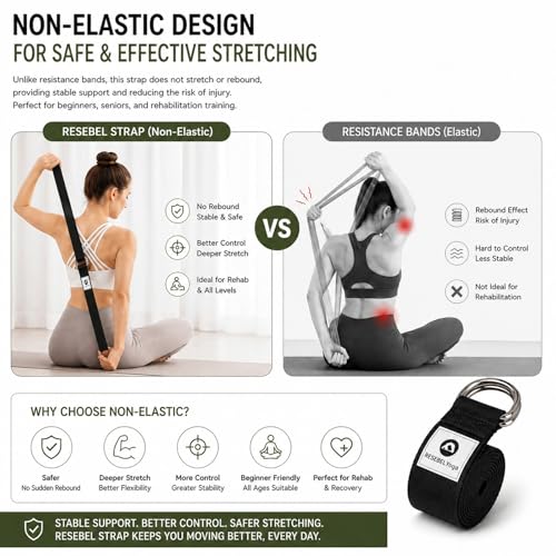 Yoga Strap for Stretching, Non-Elastic Yoga Belt with D-Ring - color: Black, size: 6Feet/1.8M