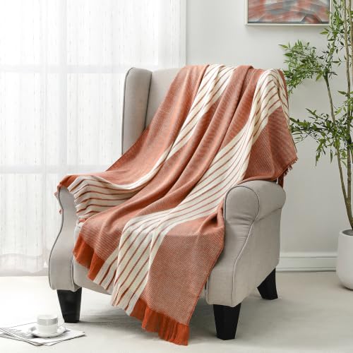 BOURINA Throw Blanket Boho Striped Fringe Throw, Lightweight Woven Tassel Decorative Blanket for Couch Sofa Bed, Farmhouse Accent Blanket for Living Room Bedroom，Orange 50x60 inches - color: Stripes-orange