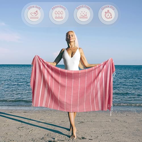 Ossano Cute Beach Towel - Quick Dry & Sand Free, Oversized (39" x 71"), Versatile, Perfect as Yoga Mat, Pool Towel, Turkish Towel, or Picnic Blanket - Coral - color: Coral
