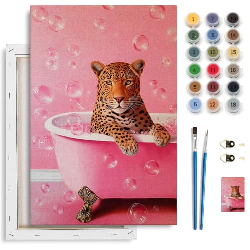 Spandrel Leopard Framed Paint by Numbers Kit for Adult, Leopard in Pink Bathtub, Adult Paint by Number Kits on Canvas, DIY Acrylic Oil Easy Painting by Numbers for Home Wall Decor, 8x12in - color: Cheetah