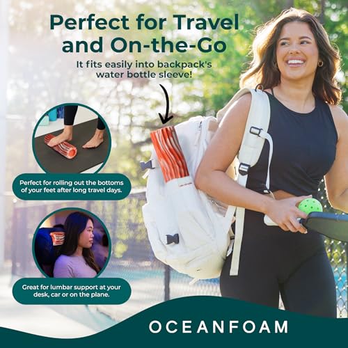 Oceanfoam Ripple Travel Foam Roller (11" x 3.35") Firm Mini Foam Roller for Physical Therapy, Deep Tissue Massage, Back Pain - High Density, Ergonomic Wave Textured - Yoga, Exercise (Orange Marbled)