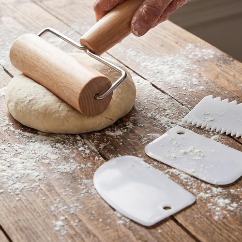 JJUNW 1 Pc Small Rolling Pin, Wooden Pizza Dough Roller Rolling Pin Clay Texture Roller, Baking Double-Ended Rollings Pins With 3 Scrapers For Cookies, Pie, Bread Dough Kitchen Tool