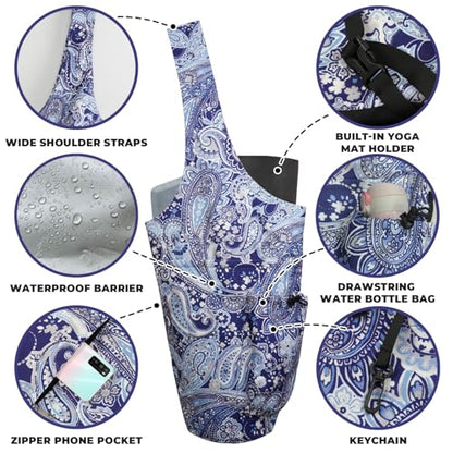 Yoga Mat Bag Carrier for Women Workout Large Waterproof with Zipper Pocket, Keychain and Wide Shoulder Straps - color: paisley flower